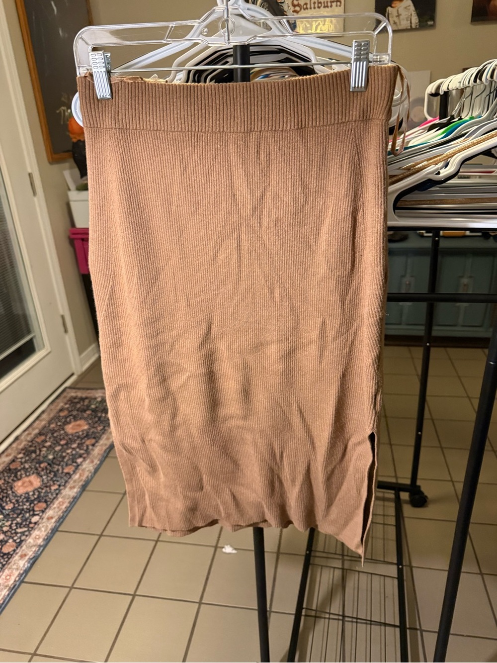 AYR Ribbed Midi Pencil Skirt in Camel Brown